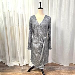 City Chic Silver‎ Sequin Faux Wrap Dress Plus Size 16 Regencycore Event Glam